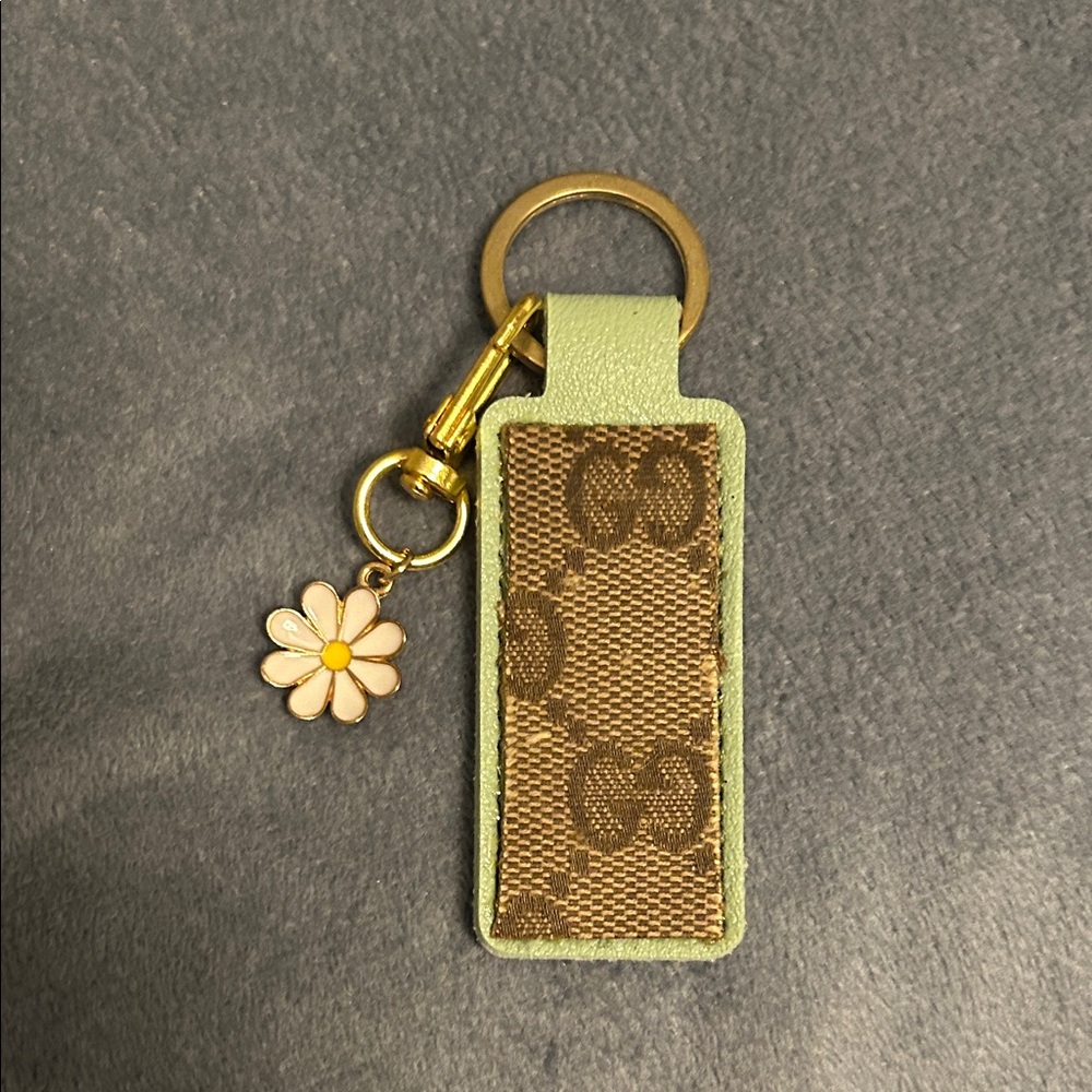 Upcycled Chic Brown and Green Keychain/Bagcharm with Floral Charm